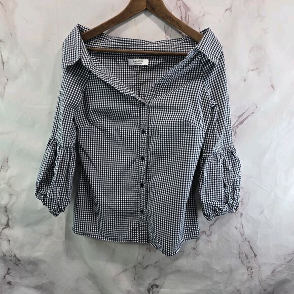 Bailey 44 Shirt Womens Small Navy White Button Up Gingham Picnic Off Shoulder - Picture 1 of 11